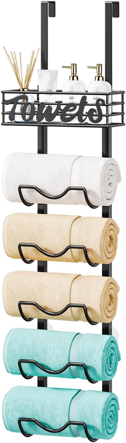 HapiRm Over The Door Towel Rack - 6 Tier Wall Mount Rolled Towel Holder Storage Organizer Shelf with Storage Basket for Small Bathroom, Rv, Camper - Black