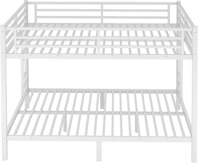 Queen Over Queen Metal Bunk Bed, Heavy Duty Bunk Bed with 2 Ladders, Space Saving Bed for Teens and Adults. Bunk Beds with Full Length Guardrail, White