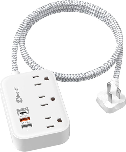 PD 20W USB C Travel Power Strip, Flat Plug Power Strip with 3 USB(1 USB C) Ports, Short Extension Cord 3FT PD 20W Fast Charging Station, Cruise Ship Essentials Compatible with iPad Pro iPhone Samsung