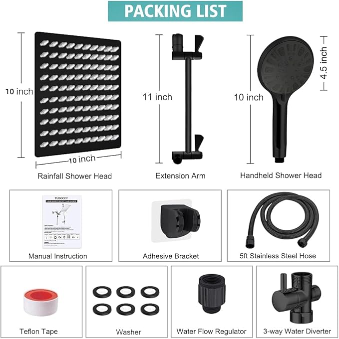 Shower Head 10‘’ High Pressure Rainfall Shower Head/Handheld Shower Combo with 11'' Extension Arm, 9 Settings Anti-leak Head with Holder, Height/Angle Adjustable, Chrome, Matte Black