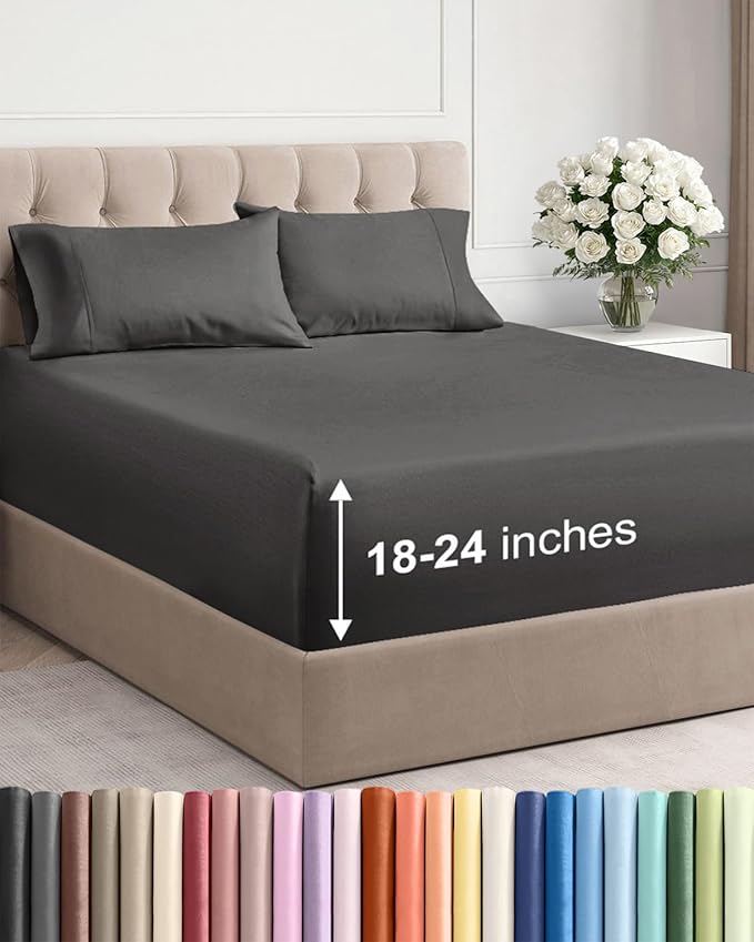 Extra Deep Pocket King Sheets - 4 Piece Breathable & Cooling Bed Sheets - Hotel Luxury Bed Sheet Set - Soft, Wrinkle Free & Comfy - Easily Fits Extra Deep Mattresses - Deep Pocket Charcoal Sheets Set