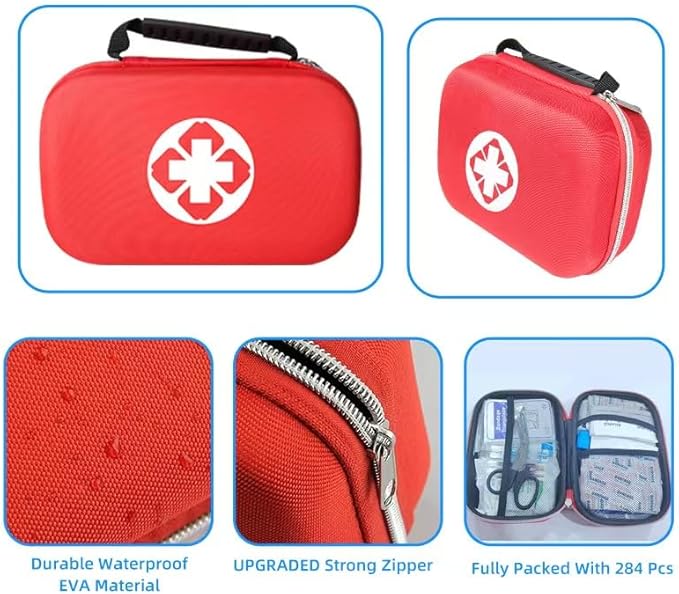 284 PCS First Aid Kit for Home, Car, Travel & Outdoor – Compact Portable Emergency Survival Kit for Camping, Hiking, Office, Business, and Public Use – Red Small Medical Essential Set