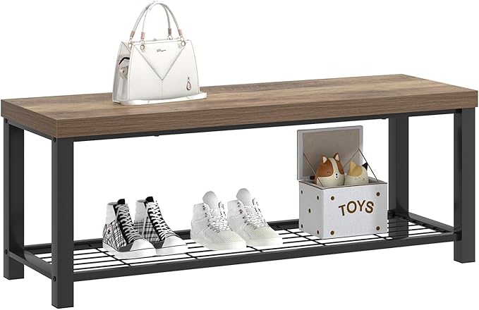 FOLUBAN Entryway Bench, Industrial Wood and Metal Storage Bench with Metal Shelf, Indoor Shoe Rack Bench Seat for Living Room, Bedroom, Hallway, Entrance, Rustic Oak, 47 Inch