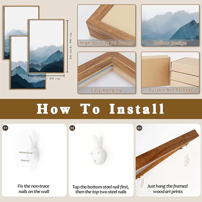 BINCUE Large Blue Mountain Wall Art Fog Blue Ridge Mountains Artwork for Living Room Bedroom Office 24x36 Inch Set of 3