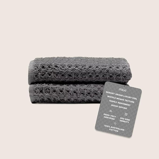 Italic Sedona Waffle Washcloths, 410 GSM 100% Cotton, Set of 2, Soft Textured Face Towels, Quick-Drying & Gentle (Charcoal)