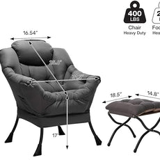 HollyHOME Lazy Chair with Foldable Ottoman, Accent Comfy Lounge Armchair and Folding Footrest Stool, Leisure Sofa Reading Chair and Footstool for Living Room, Bedroom, Dorm,Dark Grey