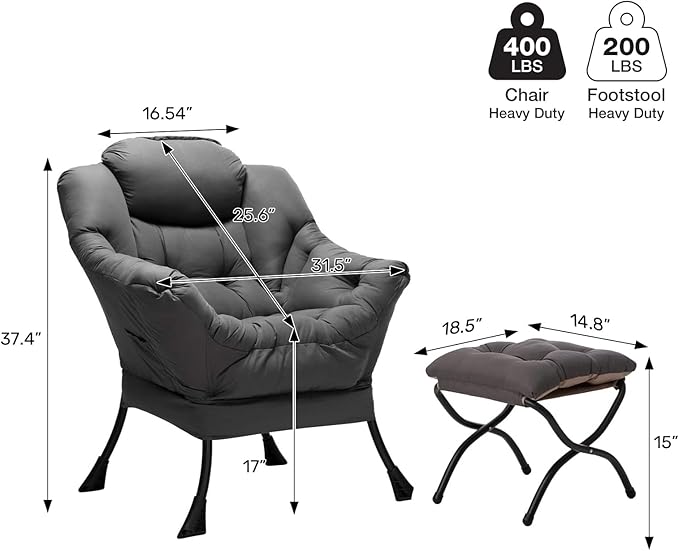 HollyHOME Lazy Chair with Foldable Ottoman, Accent Comfy Lounge Armchair and Folding Footrest Stool, Leisure Sofa Reading Chair and Footstool for Living Room, Bedroom, Dorm,Dark Grey