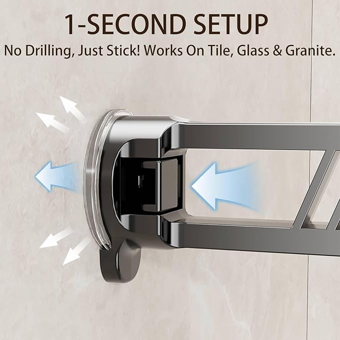 20" Shower Caddy Suction Cup, Concealed Shower Shelves Suction Cup with Hooks & Towel Bar, NO-Drilling Suction Shelf for Bathroom & Kitchen - Gray
