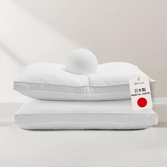 UNIKOME White Goose Down Feather Gusseted Pillows - 100% Cotton Cover - King Size Pillow Set of 2, Made in Japan Pillow for Sleeping