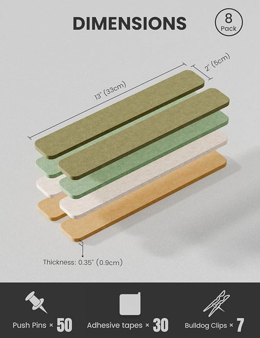 Cork Board Alternative Felt Strip Board 8-Pack 13"x2", Office Pin Board with 50 Push Pins, Adhesive Install for Bedroom Door & Home Office(Olive Grove)