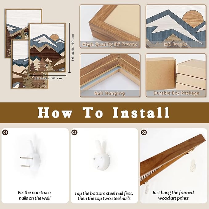 BINCUE Framed Mountain Wall Art Boho Landscape Wall Decor Mountain Artwork for Office Living Room Bedroom 12" Lx16 W Set of 3