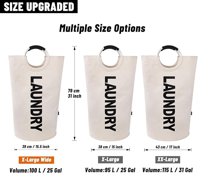 Caroeas 100L Laundry Basket,Large Laundry Hamper, Laundry Bag with Padded Handles, Clothes Hamper Stands Up Well, Collapsible Free Standing Easy Storage Washing Bin (Beige,100L)