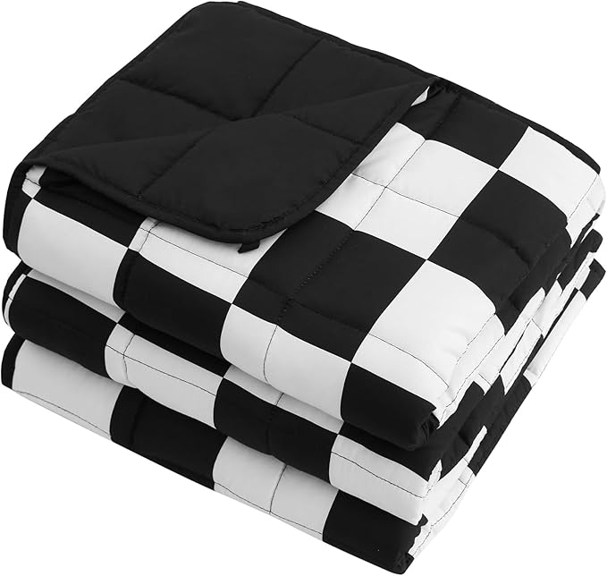 Black Checkered Weighted Blanket for Adults 12lbs, 60"x80" Queen Size, Cooling Heavy Blanket for 110-130lbs with Premium Glass Beads, Soft Thick Big Blankets for All-Season Sleeping Comfort Breathable
