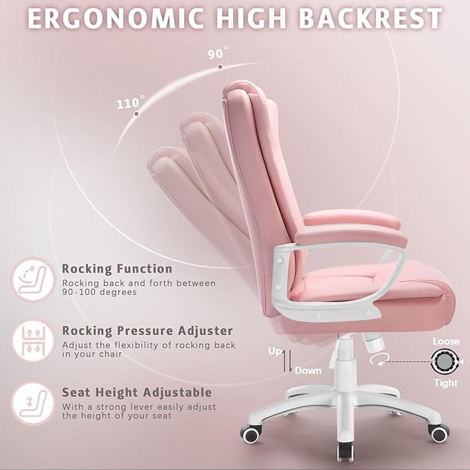 LEMBERI Office Desk Chair, High Back Executive Computer Chair, Ergonomic Big and Tall Adjustable PU Leather Chairs with Padded Armrest for Long Time Sitting, Pink