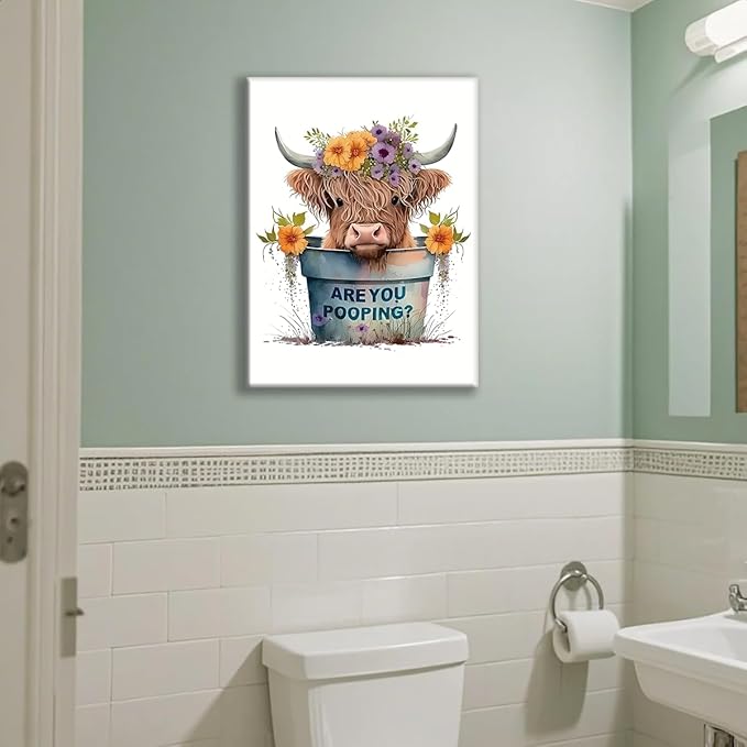 Jatinoo Highland Cow Decor Are You Pooping?Funny Bathroom Wall Art, Apartment Or Farmhouse Bathroom Decor Western & Highland Cow Lovers