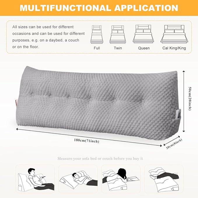 Large Triangular Headboard Wedge Pillow Soft and Supportive Headboard Backrest Positioning Support Bolster Cushion, Bed Wedge Pillow with Removable Cover(Light Gray,Cal King,71x8x20inch)