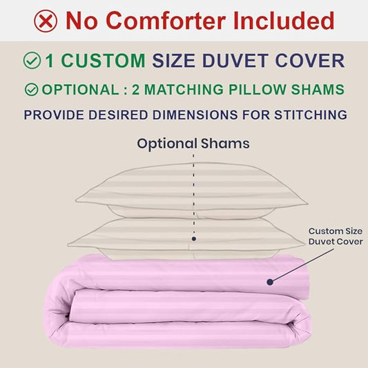 Kotton Culture Custom Duvet Cover -100% Egyptian Cotton Sateen 600 Thread Count Soft Breathable Durable Customizable Comforter Cover(Desired Dimensions)- Zipper Closure & 7 Internal Ties-Striped Pink