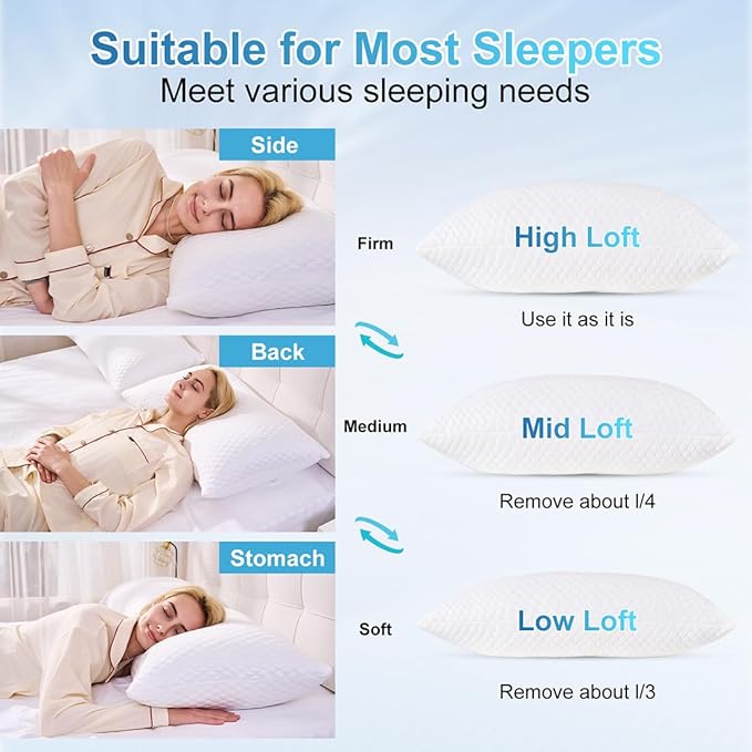 NTCOCO Cooling Bed Pillows Standard Size Pack of 2 for Sleeping Shredded Memory Foam Bed Pillows Adjustable Gel for Side Stomach Back Sleepers Washable Removable Cover