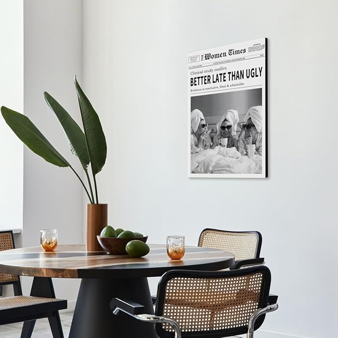 Vintage Women Times Black and White Newspaper Wall Art Better Late Than Ugly Poster Canvas Prints Funky Feminist Posters Trendy College Wall Decor for Bar Cart Girl Dorm Room 16x24inch Framed