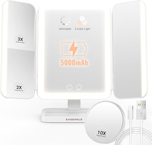 EASEHOLD Lighted Makeup Mirror with Magnification, Makeup Mirror with ligths, 2X 3X 10X Magnifying, Rechargable LED Mirror with 3 Colors Lights for Makeup Desk, Gifts for Women