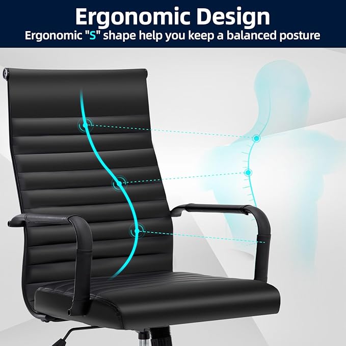 Conference Room Chairs, Ergonomic Executive Office Chair, Ribbed Leather Desk Chair with Lumbar Support, Adjustable Height Mid-Back Swivel Chair with Padded Seat