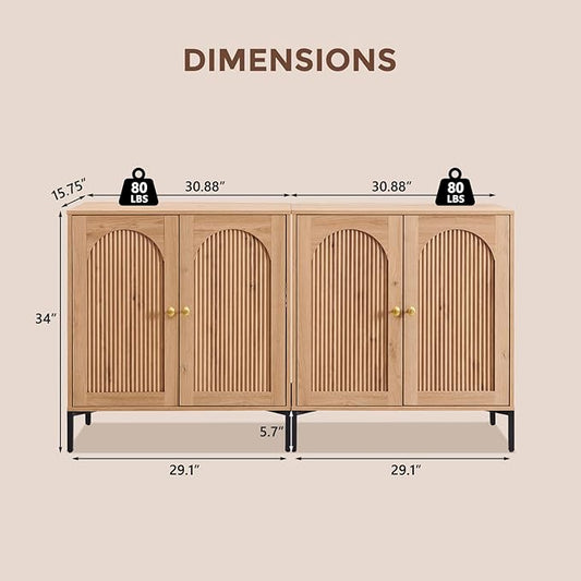 Bathroom Cabinet with Storage, 61.75" W Fluted Arched Free Standing Floor Cabinet w/Adjustable Shelves, Modern Sideboard Cabinet for Bathroom, Kitchen, Living Room, Entryway, Natural