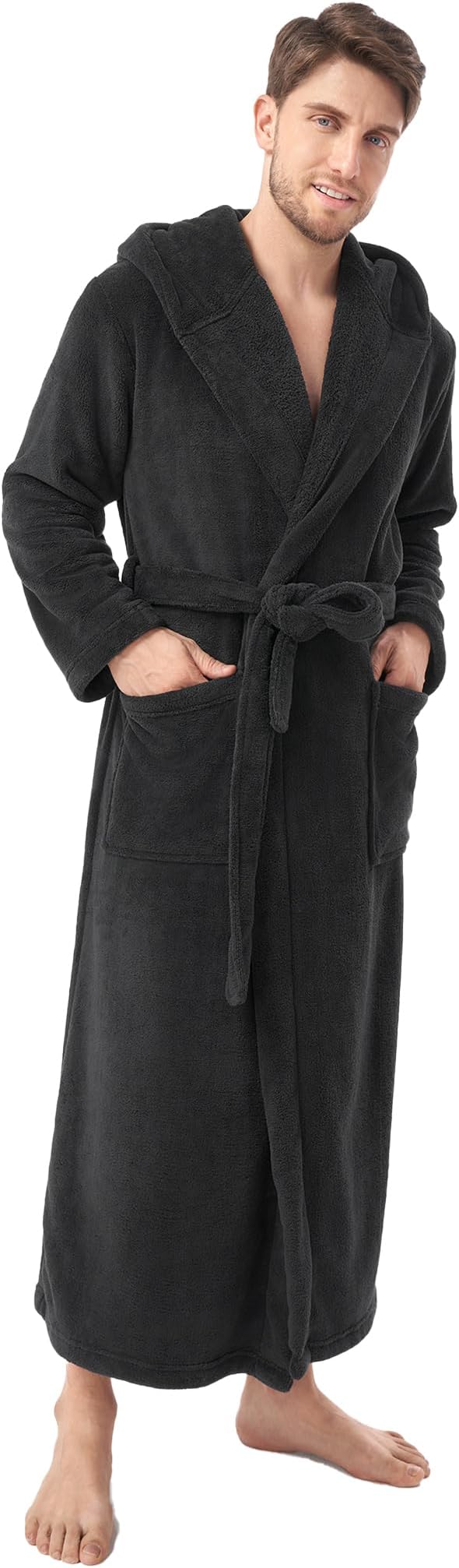 DAVID ARCHY Men's Hooded Robe Soft Coral Fleece Microfiber Bathrobe