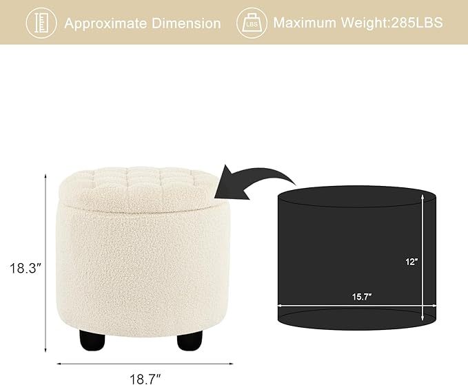 Furniliving Modern Round Storage Ottoman,Button Tufted Ottoman Footstool Ottomans with Removable Lid Storage Stool for Living Room, Bedroom, Makeup Room, Faux Fur, White