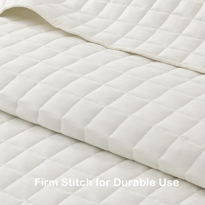 HORIMOTE HOME Ivory Ruffled Quilt Set Twin Size, Classic Geometric Square Stitched Pattern, Pre-Washed Farmhouse Shabby Chic Microfiber Lightweight Bedding Set Bedspread Coverlet for All Season