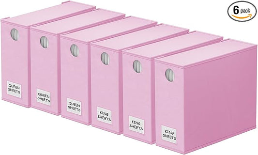 SpaceAid 6 Pack Bed Sheet Organizers and Storage, Foldable Sheet Organizer with Window for Linen Closet, Set Folder Keeper for Queen & King Size Bedding Storage (Pink)
