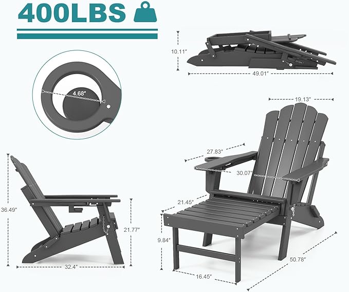 FOOWIN Adjustable Adirondack Chair with Retractable Ottoman, Folding Adirondack Chair with Cup Holder, HDPE All-Weather Fire Pit Chair for Patio, Yard, Poolside, Grey