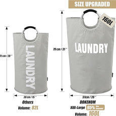 DOKEHOM 160L XX-Large Laundry Basket (7 Colors), Collapsible Laundry Bag, Foldable Laundry Hamper, Folding Washing Bin (Grey, XXL)