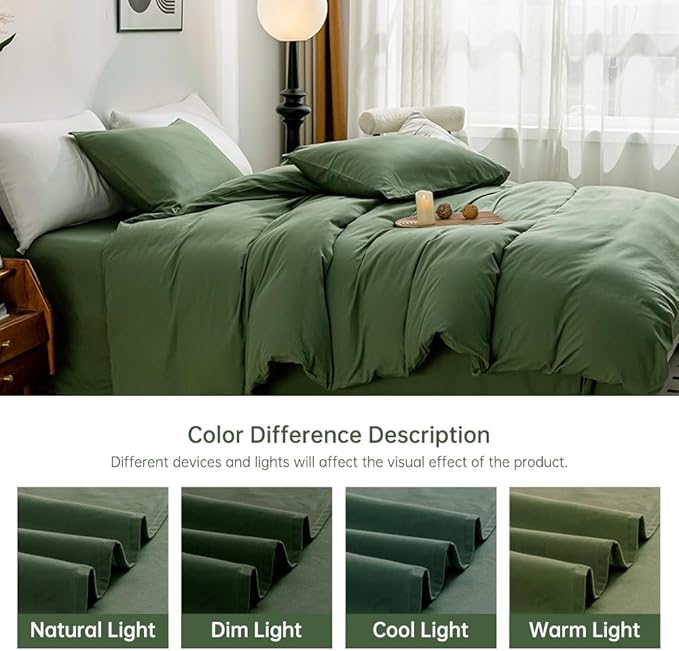 JELLYMONI Green Duvet Cover King Size - 100% Washed Cotton Linen Like Textured Comforter Cover, 3 Pieces Breathable Soft Bedding Set with Zipper Closure (Green, King 104"x90")
