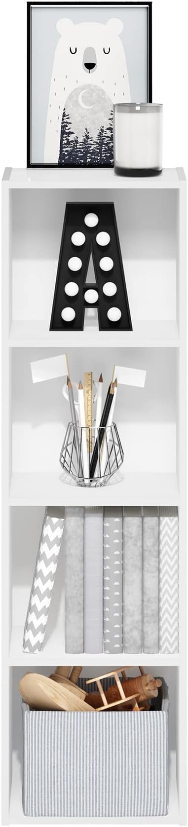 Furinno PASIR Book Shelf, 4-Tier Modern Bookshelf, Open Shelves Bookcase 9 x 12 x 42, for Living Room, Bedroom, Home Office, White