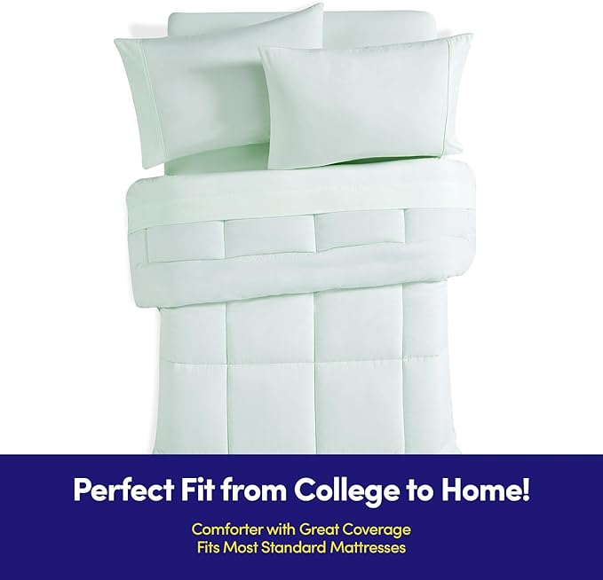 Dorm Room Essentials College Bedding Comforter Set 5 Piece Twin Size Bed in a Bag for College Students Boys and Girls, Twin, Mint