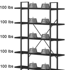 HSH 5 Tier Tall Black Bookshelf, Wood and Metal Storage Book Rack, Industrial Modern Etagere 5 Shelf Bookcase, Large Wide Open Display Book Shelf for Bedroom Living Room Office, Bookshelves Heavy Duty