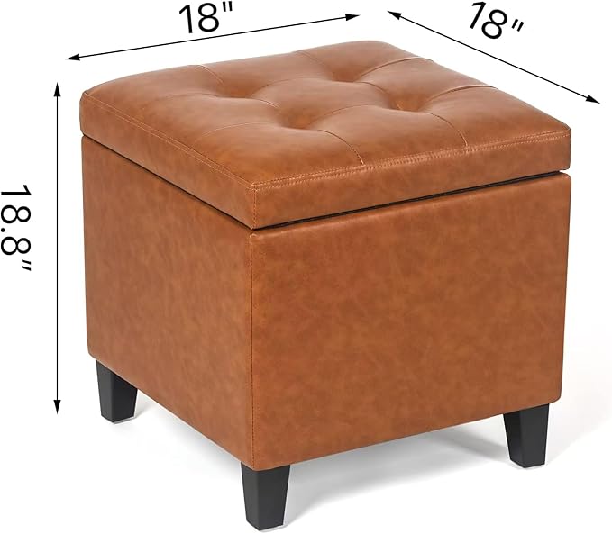 Leather Storage Ottoman with Hinged Lid, Square Foot Rest Stool Tufted Cube Footstool, Cognac Brown