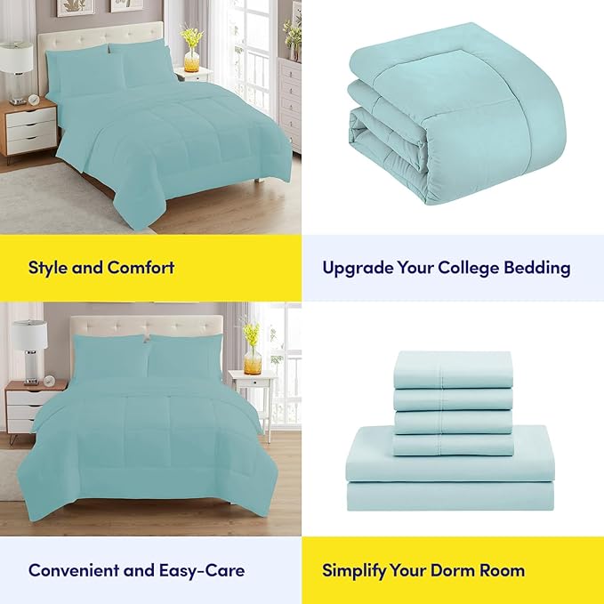 Dorm Room Essentials College Bedding Comforter Set 7 Piece Full Size Bed in a Bag for College Students Boys and Girls, Full, Misty Blue