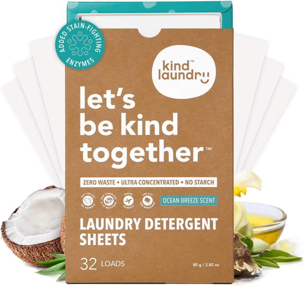 Kind Laundry Detergent Sheets – 32 Loads Ocean Breeze, EWG Verified, No Residue After Wash, Eco Plastic-Free Liquidless Laundry Soap, Non-Toxic Formula, for Sensitive Skin, Travel & Dorm Friendly