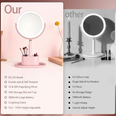 Shinowa Makeup Mirror with Lights, 1X/20X Lighted Magnifying Mirror with Storage for Makeup & Jewelry, 2-Sided Height Adjustable Vanity Mirror with 3 Color Lights, 360° Rotation & Rechargeable, Pink