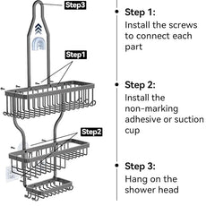 YASONIC Shower Caddy Hanging - Never Rust Organizer - Aluminum over The head caddy with 10 Hooks for Razor/Sponge - Shower Rack with Soap Basket - Grey