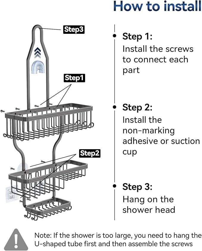 YASONIC Shower Caddy Hanging - Never Rust Organizer - Aluminum over The head caddy with 10 Hooks for Razor/Sponge - Shower Rack with Soap Basket - Grey