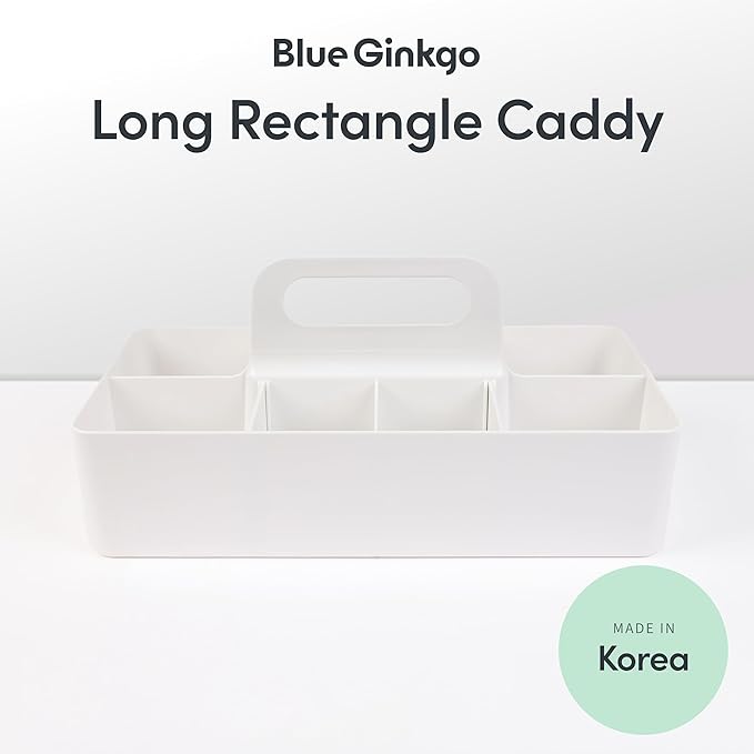 BLUE GINKGO Stackable Organizer Caddy – Korean-Made Portable Tote for Bathroom, Office, Crafts, or School Supplies (Long Rectangle, White)