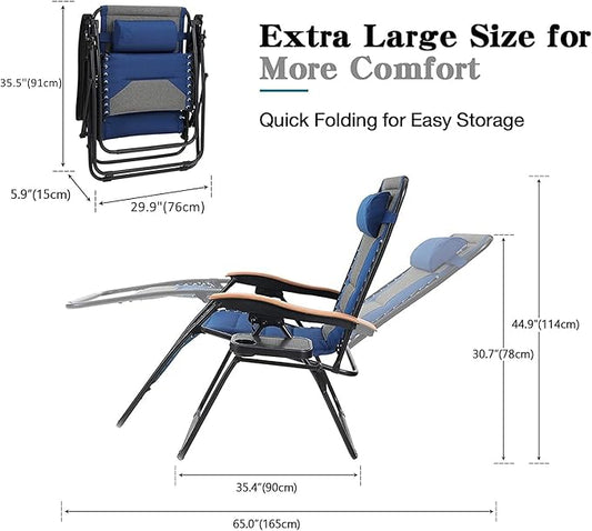 PHI VILLA XXL Oversized Padded Zero Gravity Chair Set of 2, Foldable Patio Recliner, 30" Wide Seat Anti Gravity Lounger with Armrest and Cup Holder, Support 400 LBS (Thumb Blue)