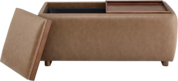 CHITA Storage Ottoman with Tray Lids, FSC Certified Small Rectangular Bench for Living Room, Bedroom, Faux Leather in Saddle Brown