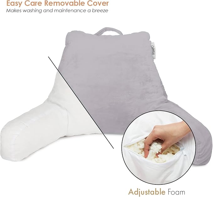 Nestl Reading Pillow with Shredded Memory Foam, Designed for Sitting Up in Bed and Couch, Back and Arms Adjustable Support for Adult & Teens Backrest Pillows for Reading, Washable Cover, Grey Lavender