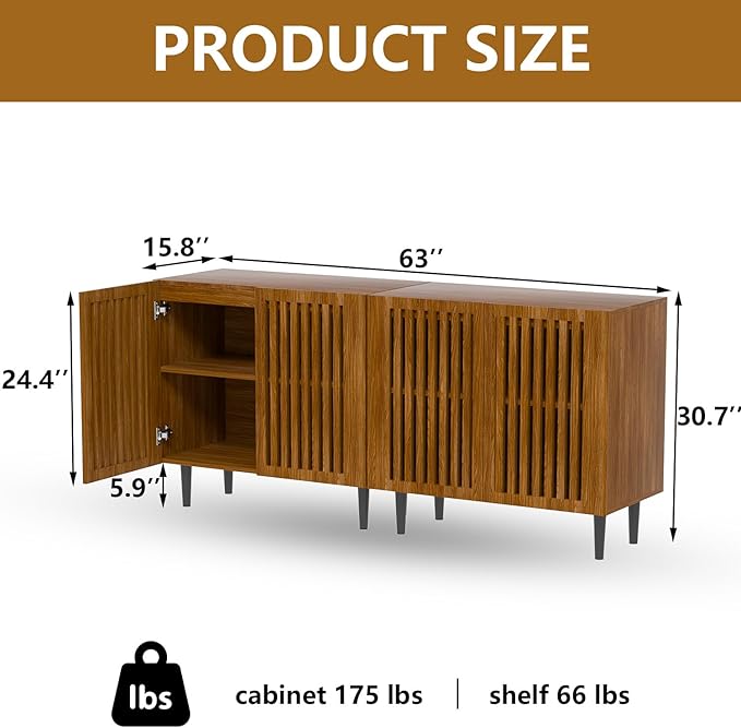 CHUWELL Farmhouse Storage Cabinet Set of 2, 63" Buffet Cabinet with 4 Doors and Adjustable Shelf, Sideboard Coffee Bar with Solid Wood Feet for Kitchen,Dining Room,Living Room,Brown