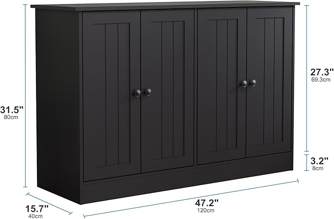 Sideboard Buffet Cabinet with 4 Doors, 47" W Kitchen Storage Cabinet with Storage, Modern Farmhouse Coffee Bar Station Wood Kitchen Table for Living Room Dining Room, Black