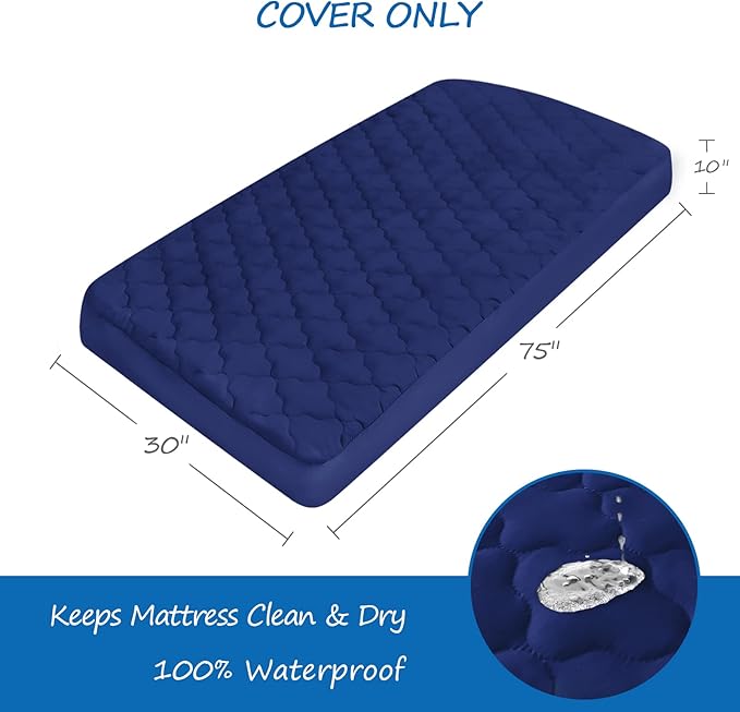 Cot Mattress Pad Protector Waterproof, Quilted Cot Size Mattress Cover 30" X 75" X 10" Fitted for Narrow Twin/Camp Bunk/Rvs Bunk/Guest Beds, Deep Pocket Mattress Topper, Navy (Cover Only)