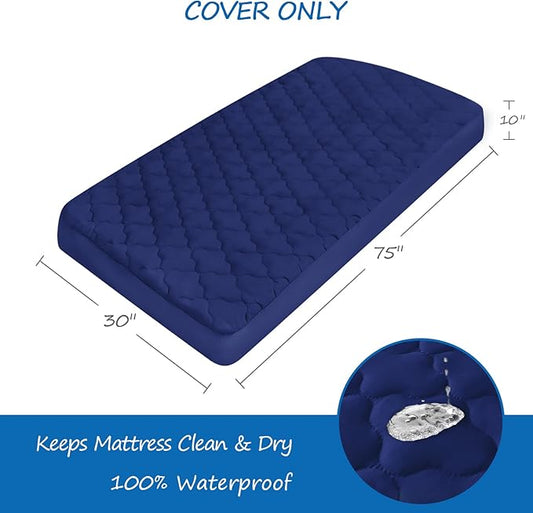Cot Mattress Pad Protector Waterproof, Quilted Cot Size Mattress Cover 30" X 75" X 10" Fitted for Narrow Twin/Camp Bunk/Rvs Bunk/Guest Beds, Deep Pocket Mattress Topper, Navy (Cover Only)